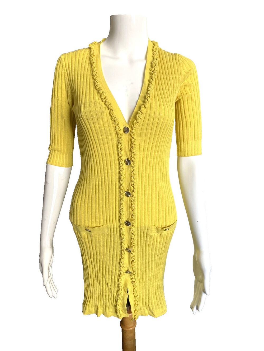 Vintage Chanel 09P Yellow Ribbed Knit Cardigan Sweater Dress FR-34 Button Ruffle